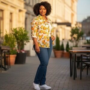 Talbots Women's Plus 2X Citrus Fruit Print Button Up Blouse Orange Lemon